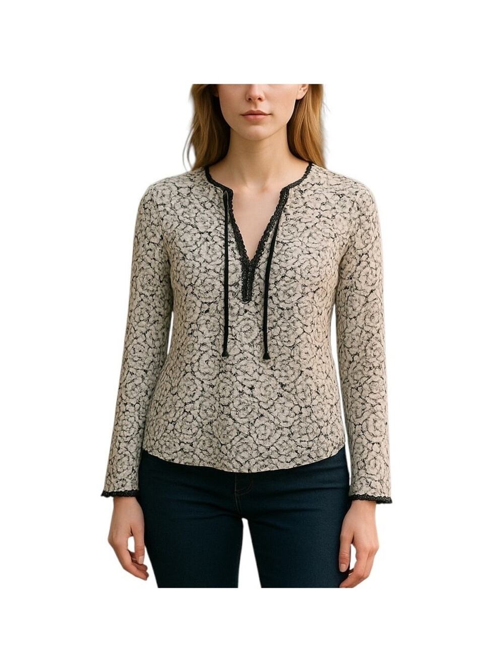 Nightcap Clothing White Floral Black Tie Neck Long Sleeve Top